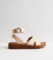 New Look Wide Fit Off White Leather-Look Cross Strap Buckle Sandals